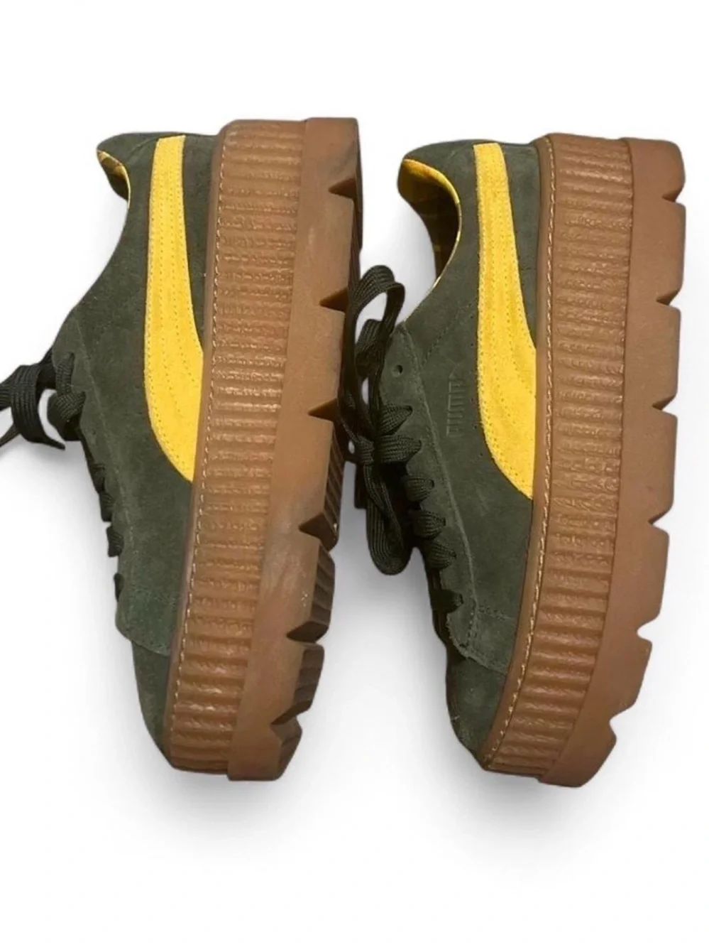 Puma x Fenty by Rihanna Olive Green and Mustard Yellow Suede Platform Sneakers